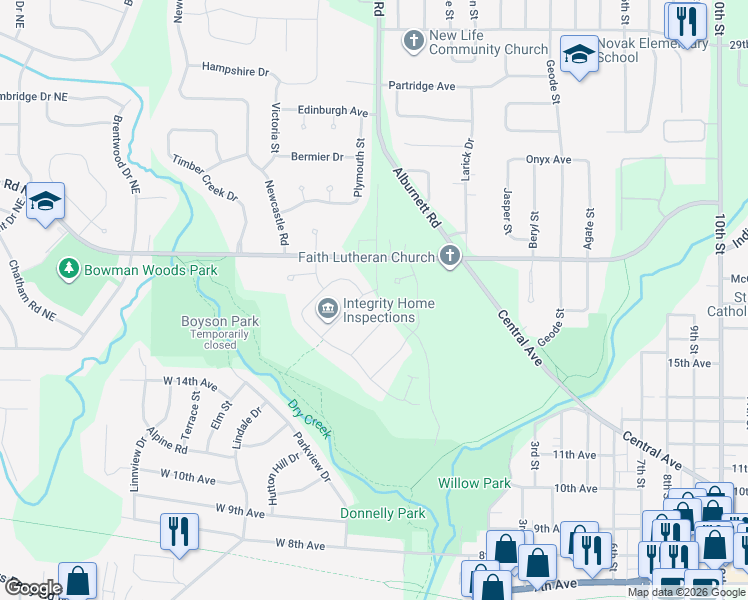 map of restaurants, bars, coffee shops, grocery stores, and more near Bowhunter Drive in Marion