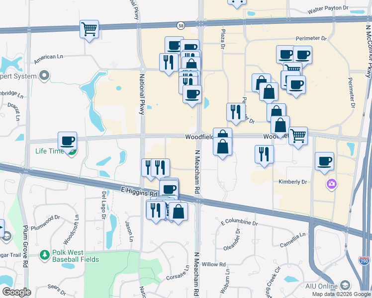 map of restaurants, bars, coffee shops, grocery stores, and more near 1375 Woodfield Road in Schaumburg
