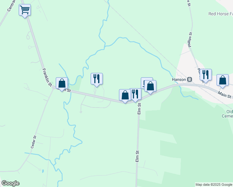 map of restaurants, bars, coffee shops, grocery stores, and more near 1407 Main Street in Hanson