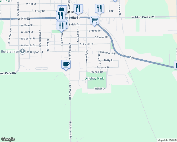 map of restaurants, bars, coffee shops, grocery stores, and more near 503 South Ogle Avenue in Mount Morris