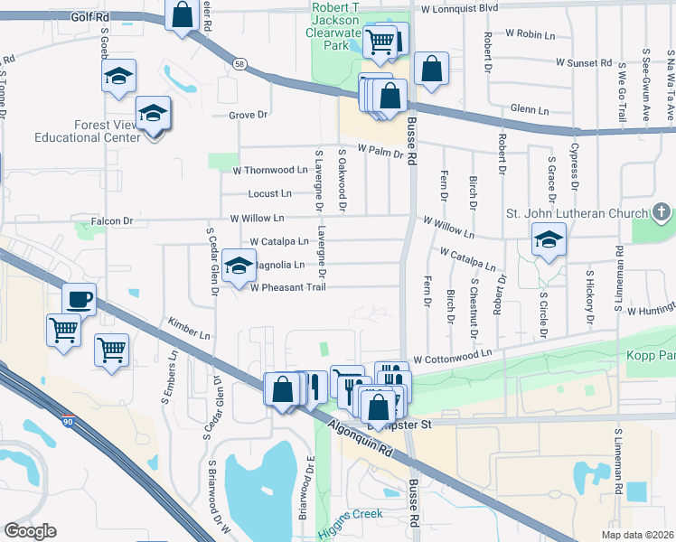 map of restaurants, bars, coffee shops, grocery stores, and more near 1728 West Pheasant Trail in Mount Prospect