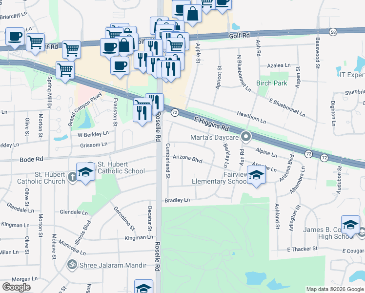 map of restaurants, bars, coffee shops, grocery stores, and more near 110 Arizona Boulevard in Hoffman Estates