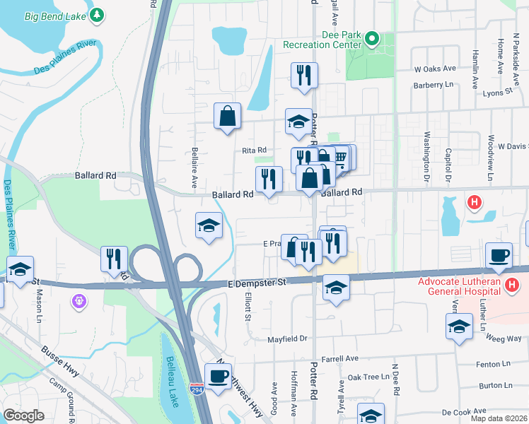 map of restaurants, bars, coffee shops, grocery stores, and more near 2495 Seminary Avenue in Des Plaines