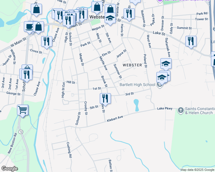 map of restaurants, bars, coffee shops, grocery stores, and more near 44 1st Street in Webster