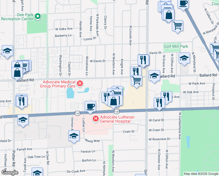 map of restaurants, bars, coffee shops, grocery stores, and more near 8901 North Western Avenue in Des Plaines
