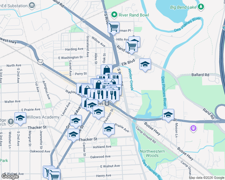 map of restaurants, bars, coffee shops, grocery stores, and more near 1488 East Northwest Highway in Des Plaines