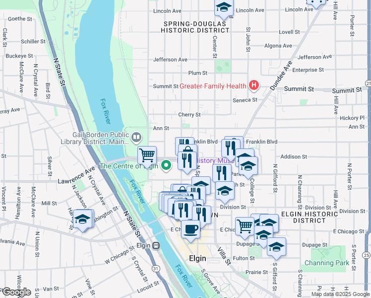 map of restaurants, bars, coffee shops, grocery stores, and more near 251 Douglas Avenue in Elgin