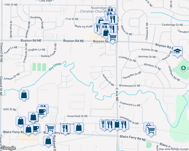 map of restaurants, bars, coffee shops, grocery stores, and more near 541 Ashton Place Northeast in Cedar Rapids