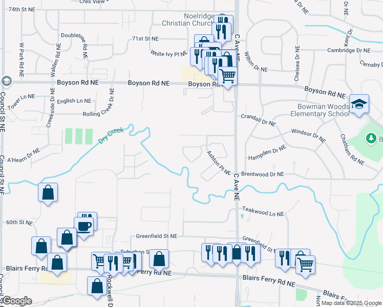 map of restaurants, bars, coffee shops, grocery stores, and more near 541 Ashton Place Northeast in Cedar Rapids