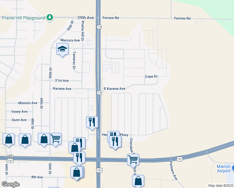 map of restaurants, bars, coffee shops, grocery stores, and more near 1998 Apache Drive in Marion