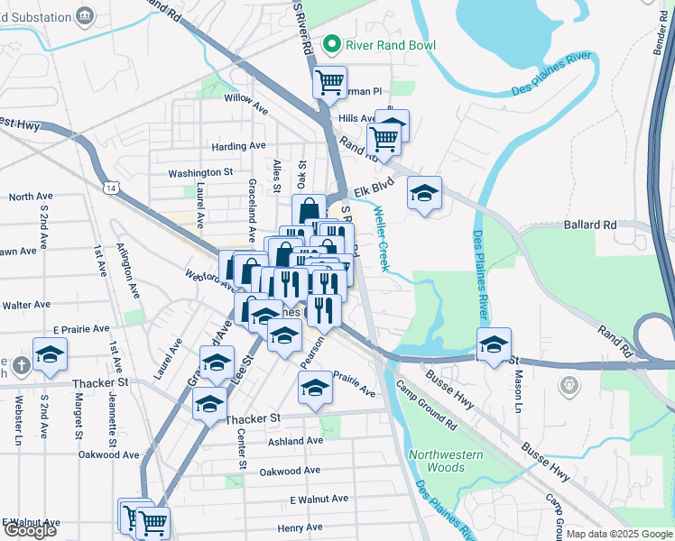 map of restaurants, bars, coffee shops, grocery stores, and more near 636 South River Road in Des Plaines