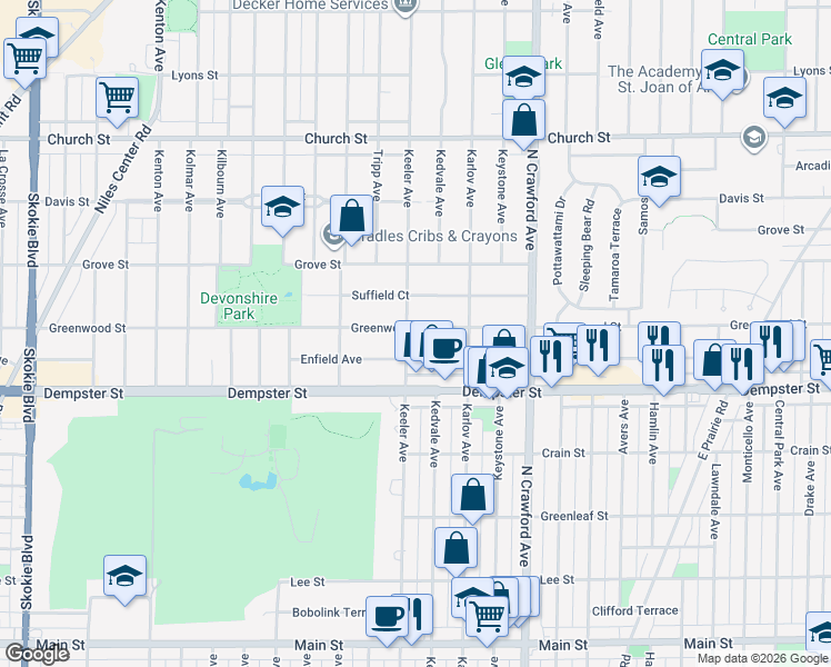 map of restaurants, bars, coffee shops, grocery stores, and more near 4144 Enfield Avenue in Skokie