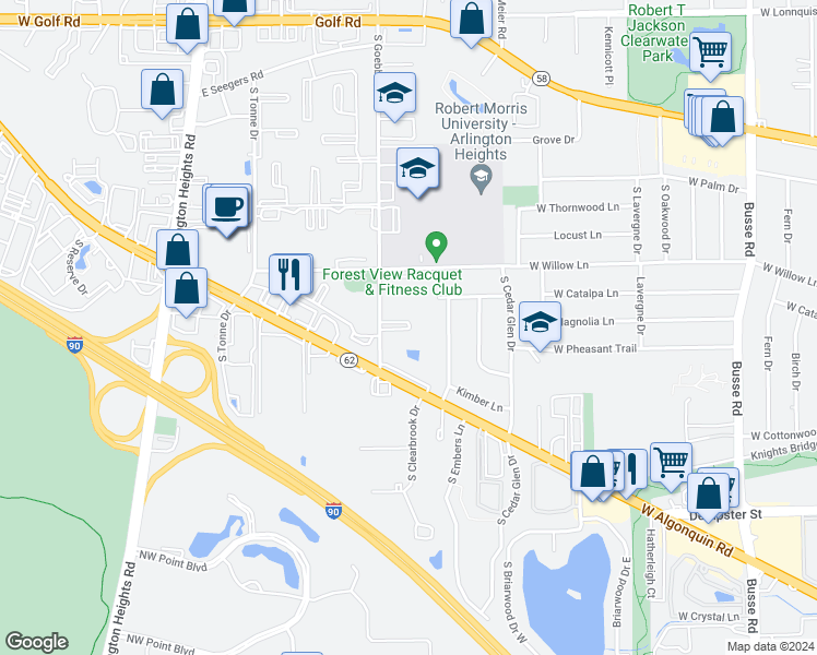 map of restaurants, bars, coffee shops, grocery stores, and more near 2411 South Goebbert Road in Arlington Heights