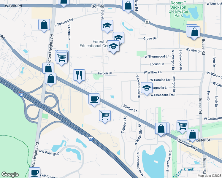 map of restaurants, bars, coffee shops, grocery stores, and more near 2411 South Goebbert Road in Arlington Heights