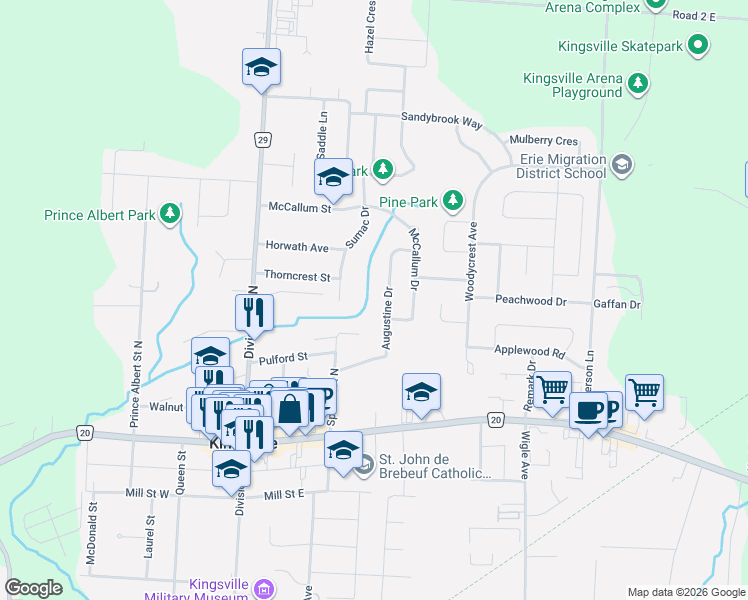 map of restaurants, bars, coffee shops, grocery stores, and more near 122 Augustine Drive in Kingsville