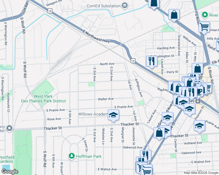 map of restaurants, bars, coffee shops, grocery stores, and more near 969 Greenview Avenue in Des Plaines