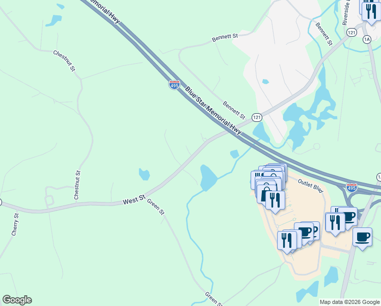 map of restaurants, bars, coffee shops, grocery stores, and more near 404 West Street in Wrentham