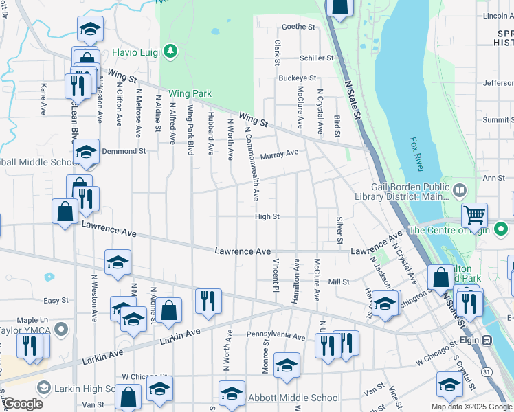 map of restaurants, bars, coffee shops, grocery stores, and more near 353 North Commonwealth Avenue in Elgin