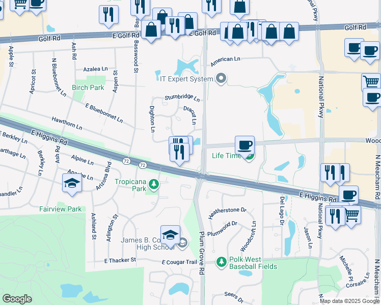 map of restaurants, bars, coffee shops, grocery stores, and more near 790 North Plum Grove Road in Schaumburg