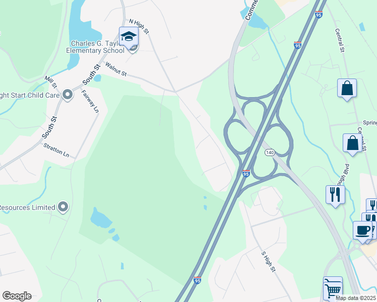 map of restaurants, bars, coffee shops, grocery stores, and more near 6 McNamara Way in Foxborough