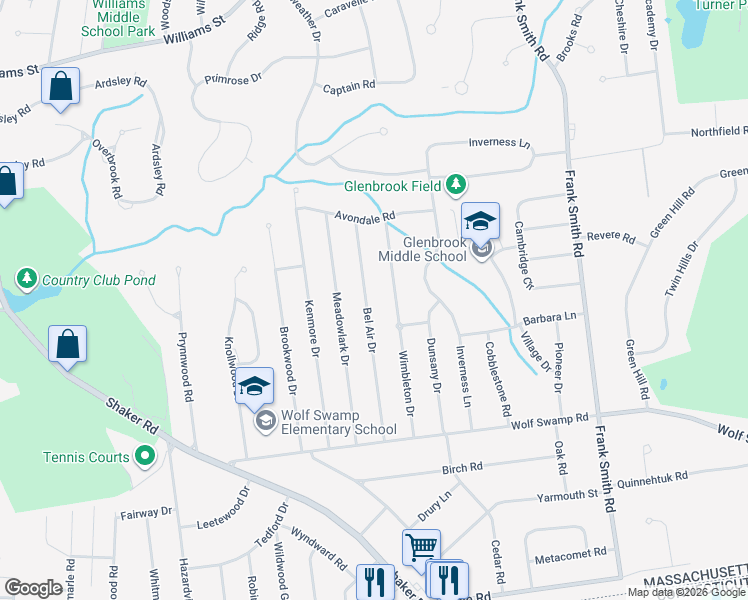 map of restaurants, bars, coffee shops, grocery stores, and more near 146 Wimbleton Drive in Longmeadow