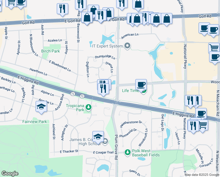 map of restaurants, bars, coffee shops, grocery stores, and more near 790 North Plum Grove Road in Schaumburg