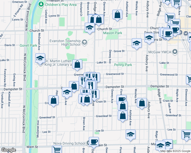 map of restaurants, bars, coffee shops, grocery stores, and more near 1323 Dodge Avenue in Evanston