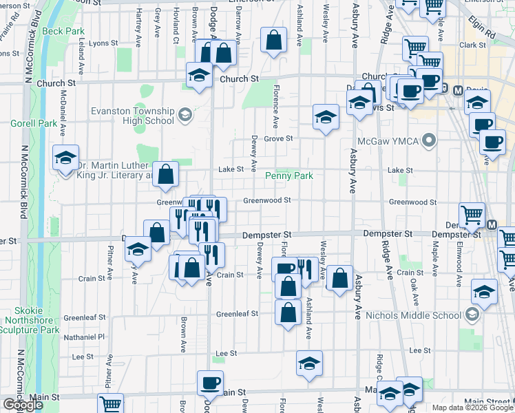 map of restaurants, bars, coffee shops, grocery stores, and more near 1315 Dewey Avenue in Evanston