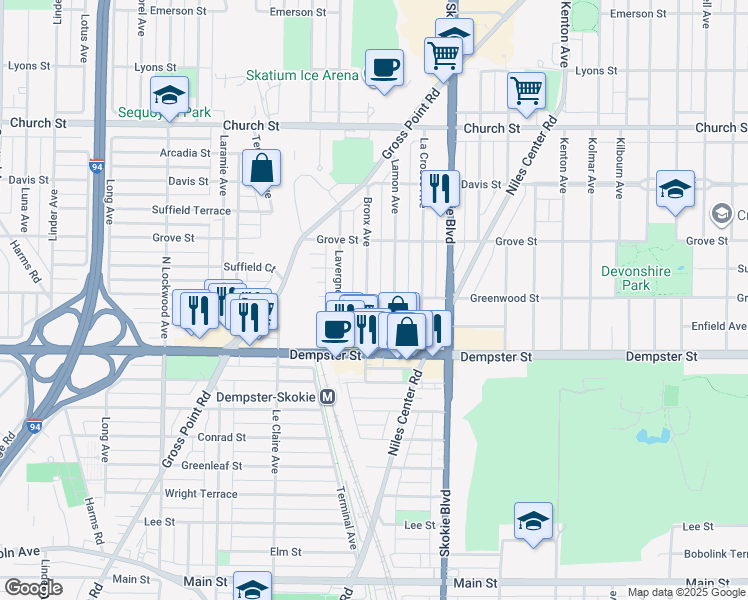 map of restaurants, bars, coffee shops, grocery stores, and more near 8838 Lamon Avenue in Skokie