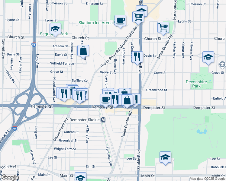 map of restaurants, bars, coffee shops, grocery stores, and more near 8841 Lavergne Avenue in Skokie