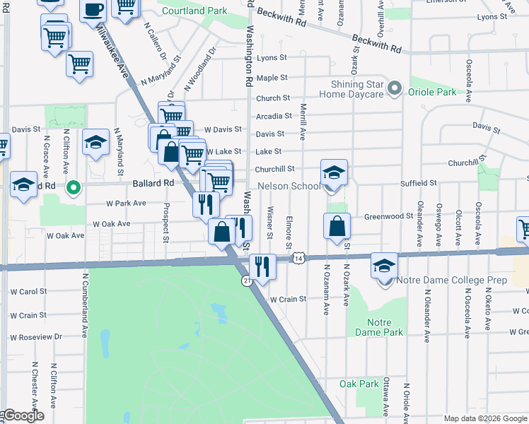 map of restaurants, bars, coffee shops, grocery stores, and more near 8860 North Wisner Street in Niles