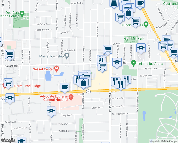 map of restaurants, bars, coffee shops, grocery stores, and more near 8905 Knight Avenue in Des Plaines