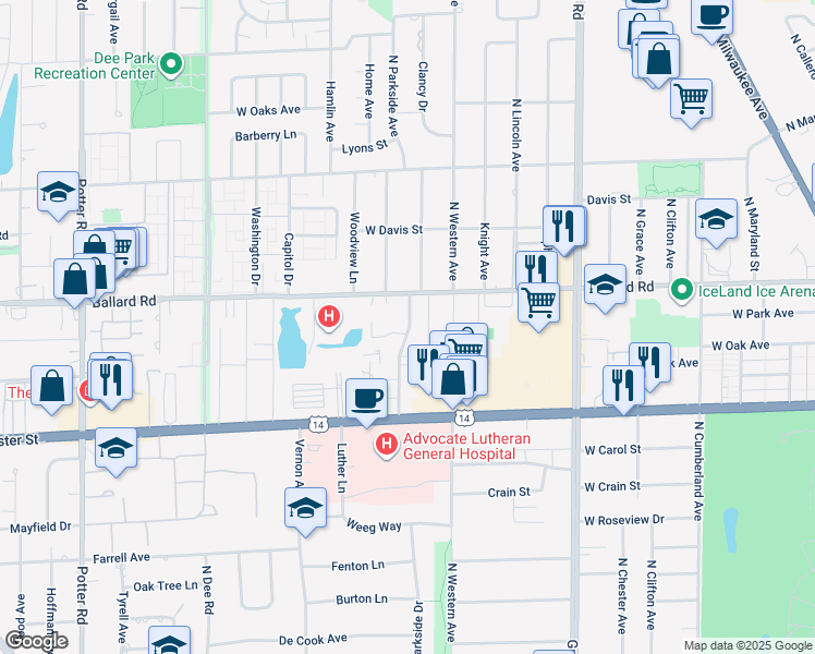 map of restaurants, bars, coffee shops, grocery stores, and more near 2000 Parkside Drive in Park Ridge
