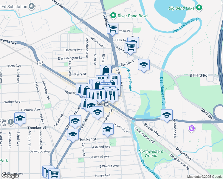 map of restaurants, bars, coffee shops, grocery stores, and more near 1488 East Northwest Highway in Des Plaines