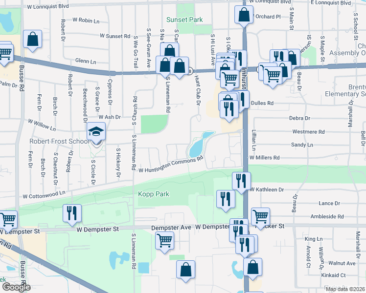 map of restaurants, bars, coffee shops, grocery stores, and more near 1308 Hunt Club Drive in Mount Prospect