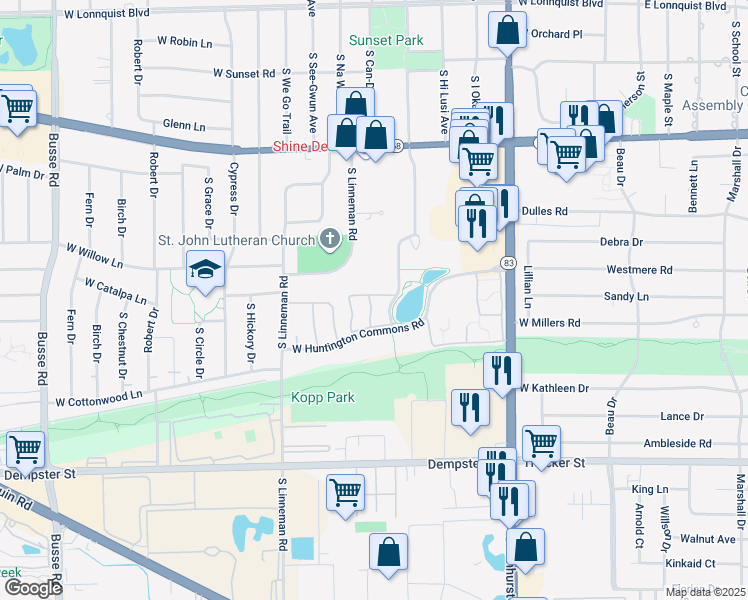 map of restaurants, bars, coffee shops, grocery stores, and more near 1308 Hunt Club Drive in Mount Prospect
