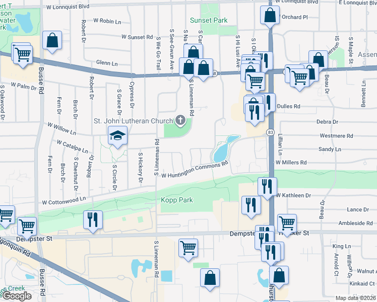 map of restaurants, bars, coffee shops, grocery stores, and more near 1308 South Sir Galahad Lane in Mount Prospect