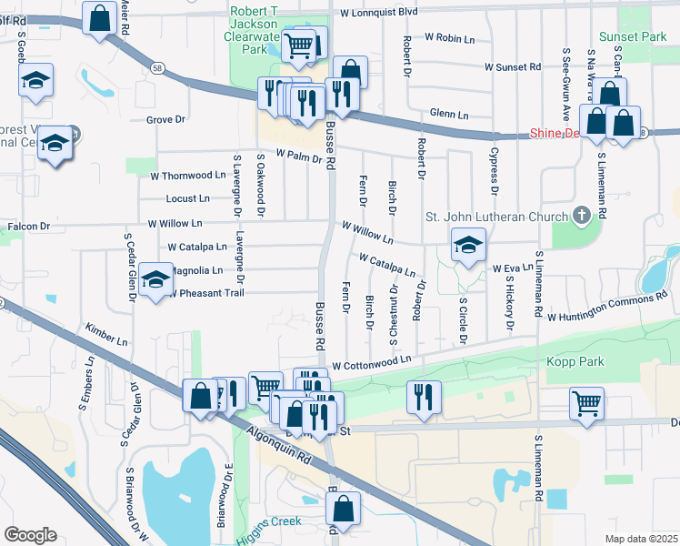 map of restaurants, bars, coffee shops, grocery stores, and more near 1412 Fern Drive in Mount Prospect