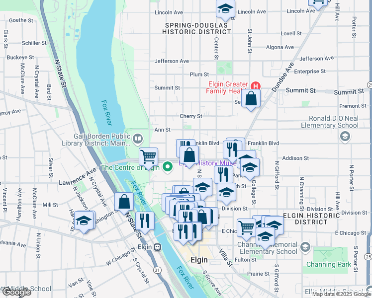 map of restaurants, bars, coffee shops, grocery stores, and more near 251 Douglas Avenue in Elgin