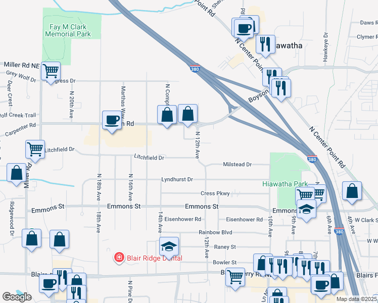 map of restaurants, bars, coffee shops, grocery stores, and more near 375 North 12th Avenue in Hiawatha