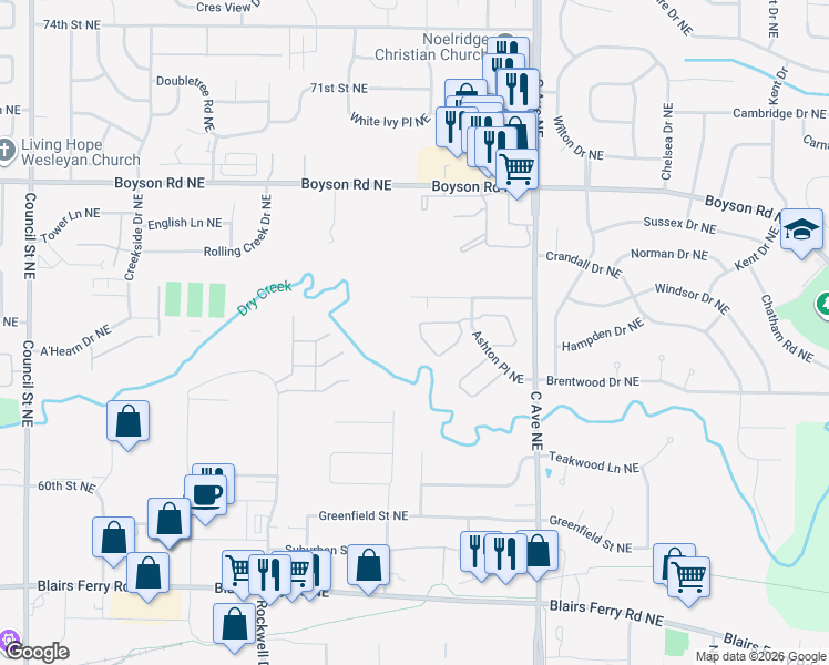 map of restaurants, bars, coffee shops, grocery stores, and more near 645 Ashton Place Northeast in Cedar Rapids