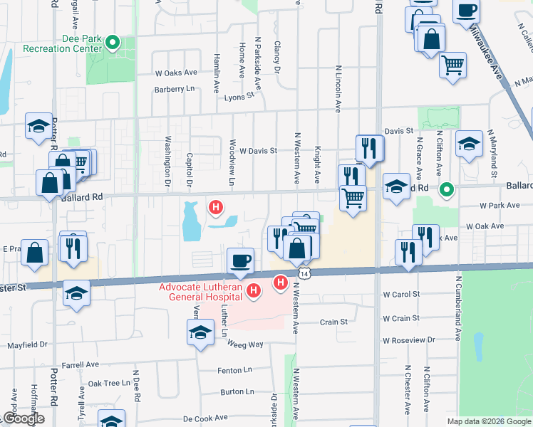 map of restaurants, bars, coffee shops, grocery stores, and more near 2000 Parkside Drive in Park Ridge