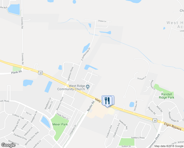 map of restaurants, bars, coffee shops, grocery stores, and more near 462 Churchill Drive in Elgin