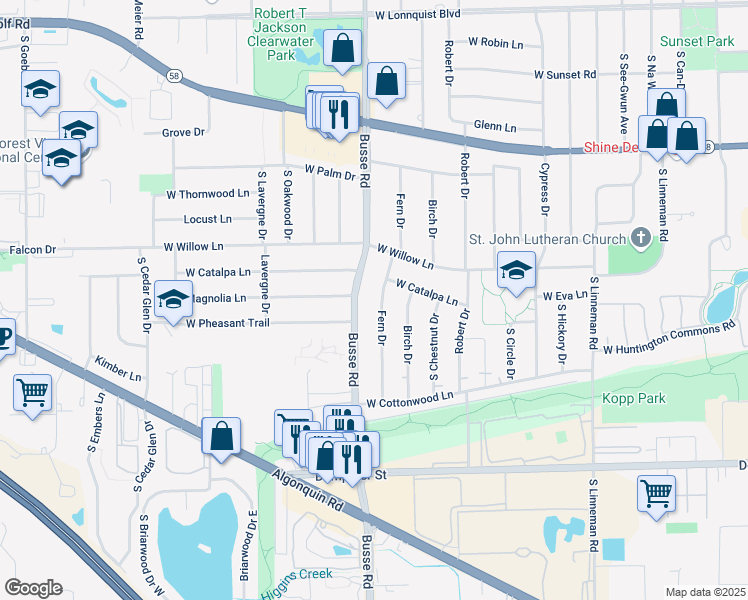 map of restaurants, bars, coffee shops, grocery stores, and more near 1412 Fern Drive in Mount Prospect