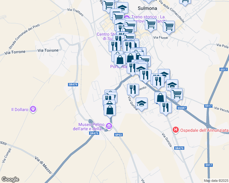 map of restaurants, bars, coffee shops, grocery stores, and more near 11 Strada Statale 479 in Sulmona