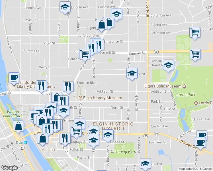map of restaurants, bars, coffee shops, grocery stores, and more near 442 Addison Street in Elgin