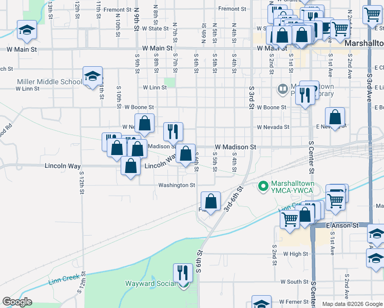 map of restaurants, bars, coffee shops, grocery stores, and more near 601-699 Lincoln Way in Marshalltown