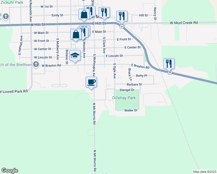 map of restaurants, bars, coffee shops, grocery stores, and more near 204 Barbara Street in Mount Morris