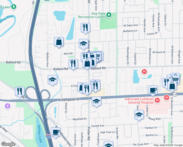 map of restaurants, bars, coffee shops, grocery stores, and more near 9396 Landings Lane in Des Plaines