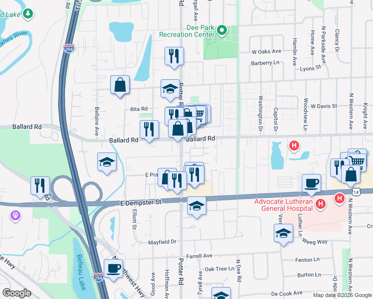 map of restaurants, bars, coffee shops, grocery stores, and more near 9396 Landings Lane in Des Plaines